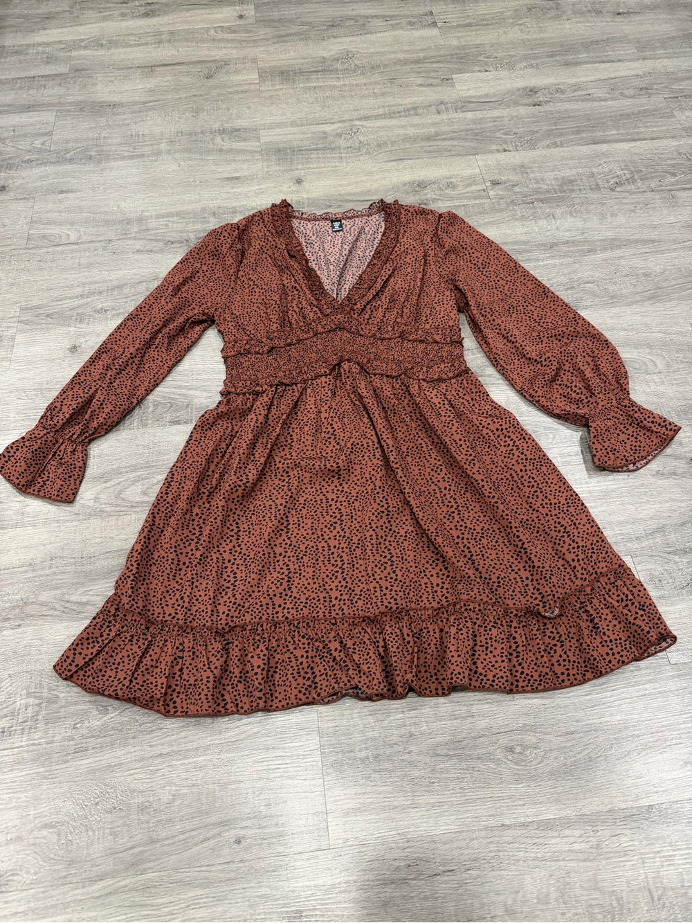 NWOT SHEIN Rust Red Printed Long Sleeve Ruffle V-Neck Dress